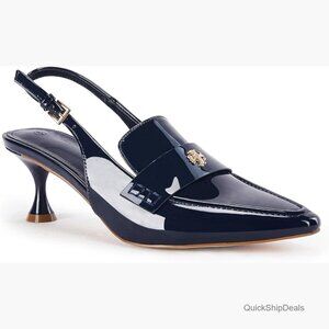 Patent Leather Navy Slingback Loafer Sandal with Kitten Heel